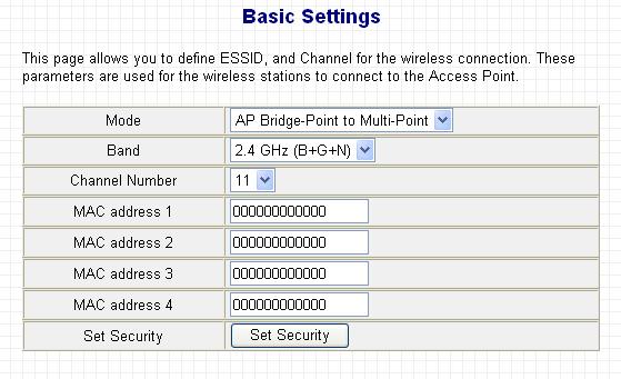 2-4-4 AP Bridge-Point to Multi-Point Mode In this mode, this wireless access point will connect to up to four wireless access points which uses the same mode, and all wired Ethernet clients of every