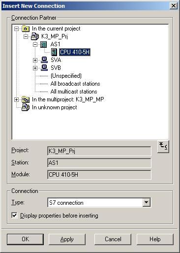 5 ES, Master OS and Standby OS 2. Select the CPU of the AS in the "Connection Partner" window. Make sure that an "S7 connection" is selected under "Connection".