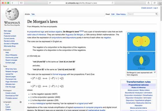 De Morgan s Laws De Morgan's Laws may be helpful when evaluating logical expressions:! ( a && b ) is equivalent to! a! b! ( a b ) is equivalent to!
