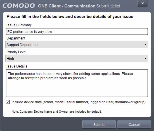 The 'Submit ticket' dialog will be displayed. Issue Summary Provide a short description of the issue. Department Select the department to whom the ticket should be assigned.