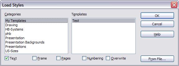 Copying and moving styles Figure 15. Copying styles from a template into the open document 4) Select the checkboxes for the categories of styles to be copied.