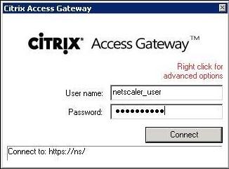 For plug-in based login: Double-click the Access Gateway Plug-in icon. The Citrix Access Gateway window is displayed. 2. Update the following fields: Enter the user name.