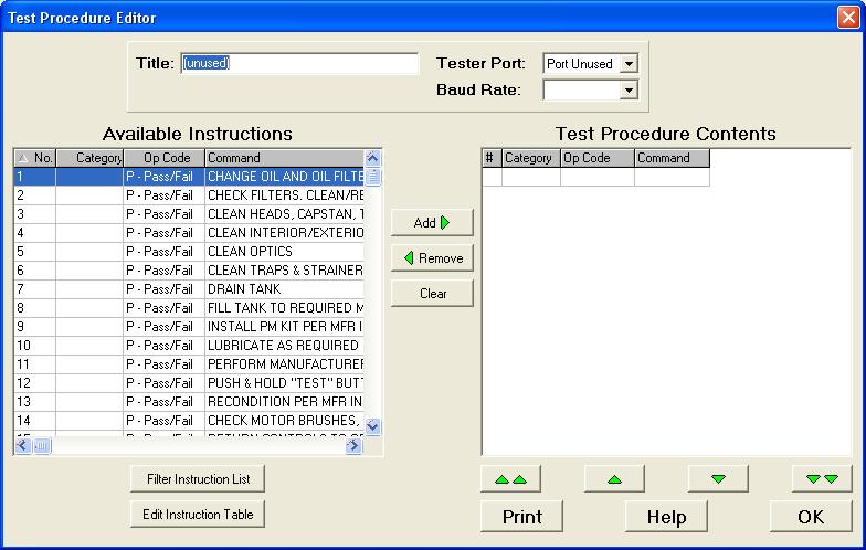 Selecting an (unused) Test Procedure from the list will open the editor window with no Instructions in the Test Procedure Contents (see Figure 108).