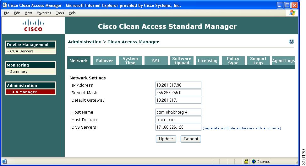Installing a Clean Access Manager High Availability Pair Chapter 4 Figure 4-8 Standby Web Admin Console Example CCA Manager > Network Page Complete the Configuration Verify settings in the Failover