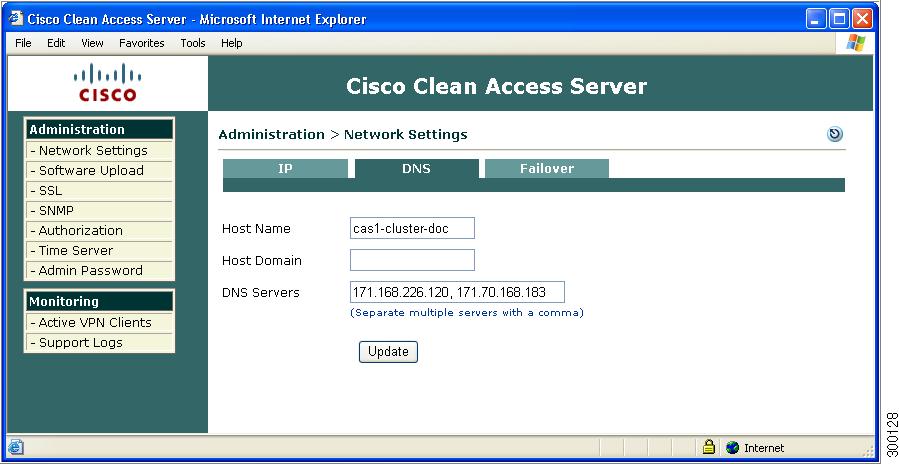 Installing a Clean Access Server High Availability Pair Chapter 4 Figure 4-12 DNS Tab c.