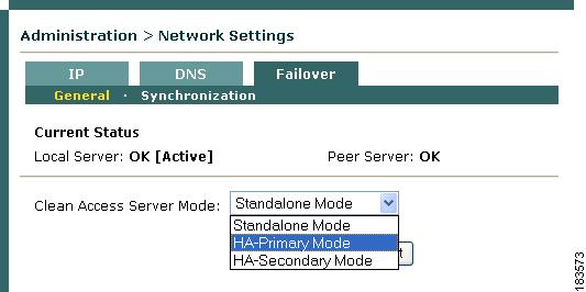 Click the Failover > General tab and choose HA-Primary Mode from the Clean Access Server