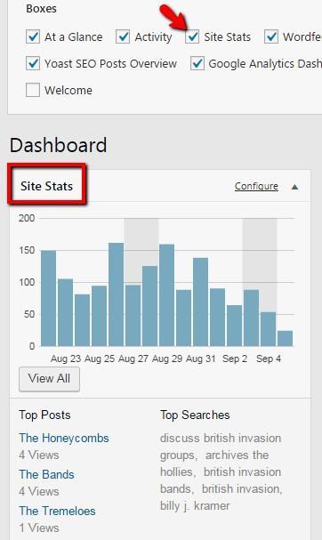 Site Stats in the WP Dashboard You can set up this box to show statistics by day, week, month, quarter, or year by clicking Configure in