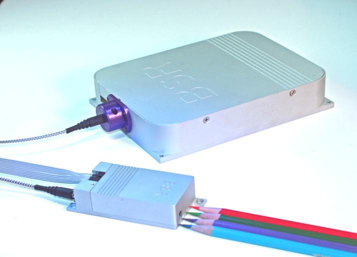 wavelength combiner, temperature controllers (TECs), and a single mode fiber optic pigtail.