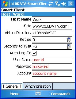 11. Enter the following bolded Host info: Host Name: Site: Virtual Directory: Auto Logon: User ID: Password: Account: Work www.x10data.
