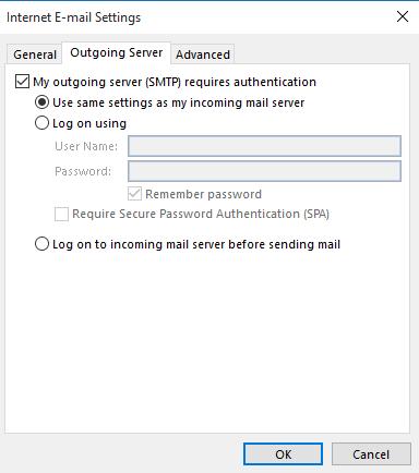 6. Click the Outgoing Server tab and you will see this: Make sure that My outgoing server (SMTP)