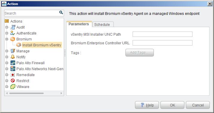 To apply the Install Bromium vsentry action: 1. Open the policy Actions dialog box. 2. Expand the Bromium folder in the Actions tree. 3. Select Install Bromium vsentry. 4.