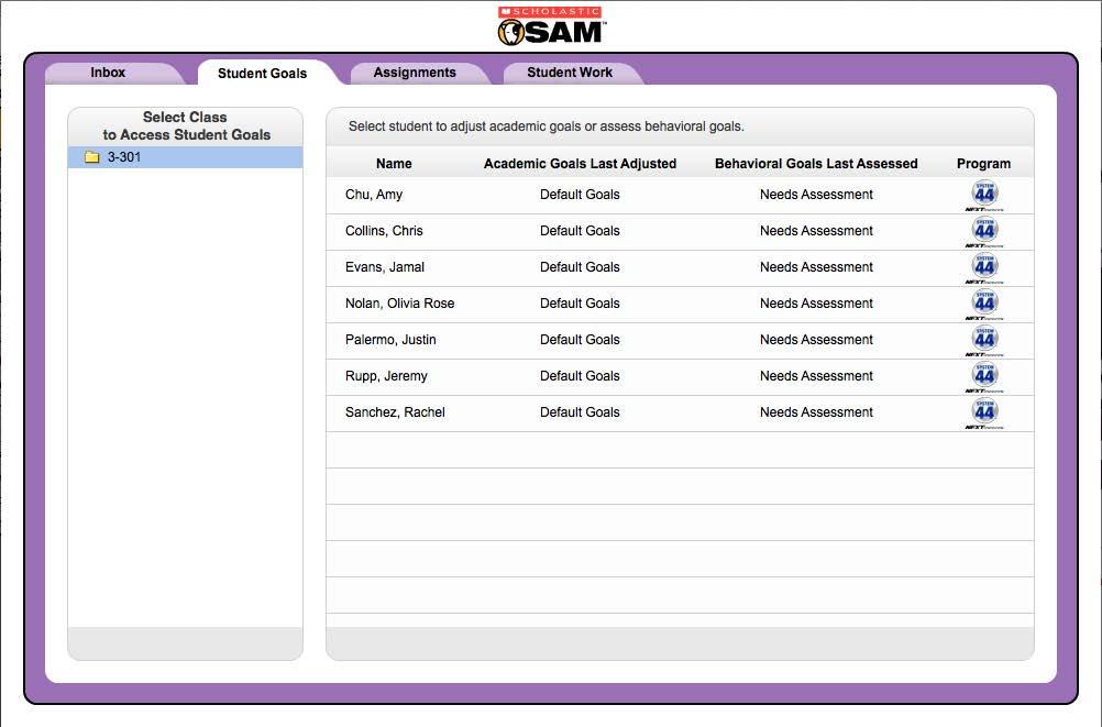 The Student Goals Tab The Student Goals tab displays students academic and behavioral goals and allows teachers to adjust and assess these goals.