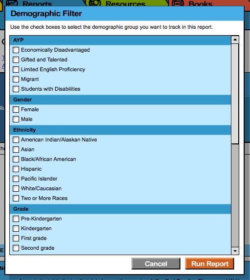 Using the Demographic Filter Use the Demographic Filter to filter Multi-Classroom or Classroom reports by one or more of the demographic categories.