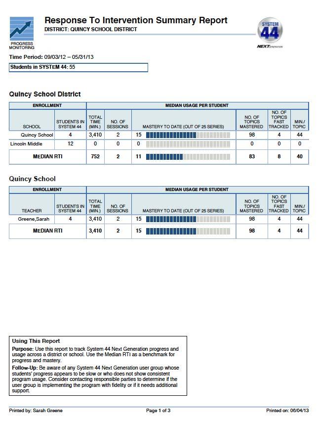 Response to Intervention Summary Report Report Type: Progress Monitoring (Administrators only) Purpose: This report tracks System 44 Next Generation progress and usage across a district or school.