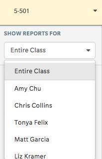 To choose Class or Student reports, use the pull-down menu and choose the class or student name.