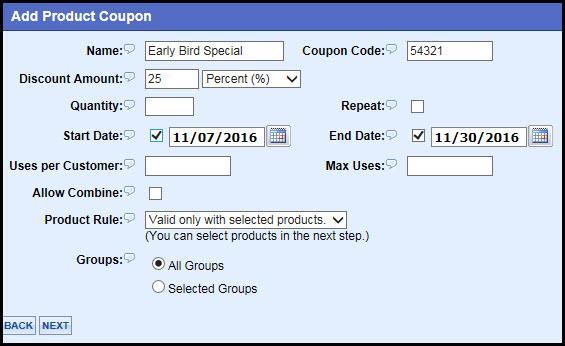 d. Start Data and End Date when you want the coupon to apply only during a certain date range. e. Product Rule: choose whether this is valid for all products or just specific products.