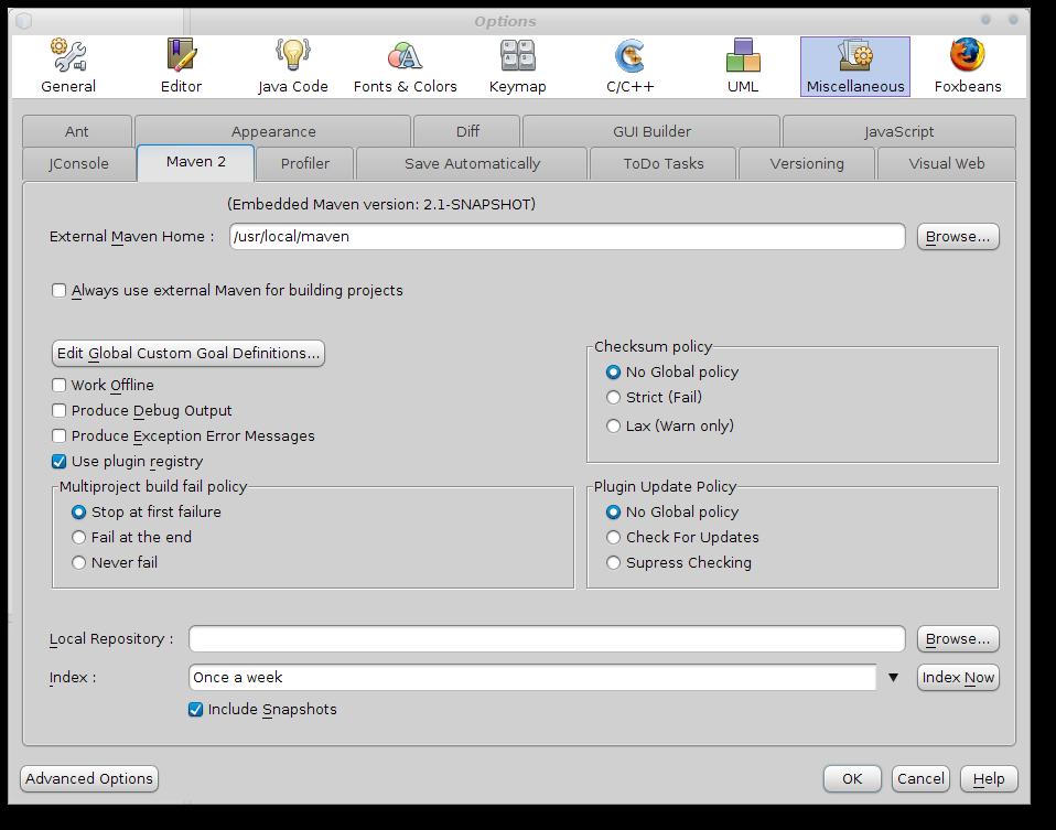 Figure 6: NetBeans Maven option dialog 2) Open the Felix project folder Now we need to open the Felix build project folder. This will be the " pom" project.