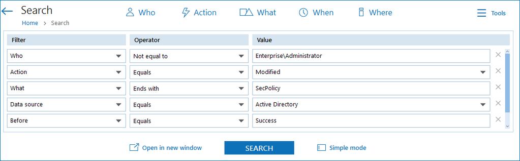 3. Interactive Search Operator Description Example In group This operator relates to the Who filter. It instructs Netwrix Auditor to show only data for the accounts included in the specified group.