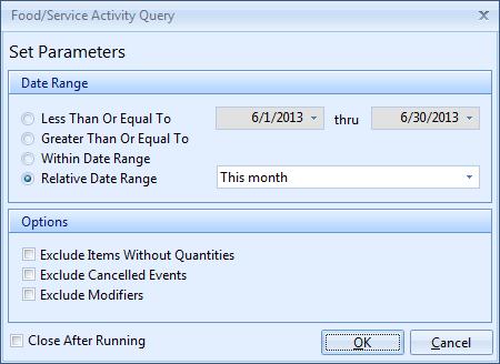 Food Service Activity Query What is a Food/Service Activity Query? This dynamic tool can show you all food or service items that have been ordered for an entire day or date range.