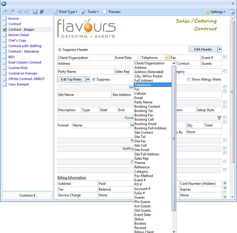 Selecting Fields 1. Click the down arrow at the right of a particular field (all fields located throughout the print in the Print Designer window). Result: A drop-down list of options appears. 2.