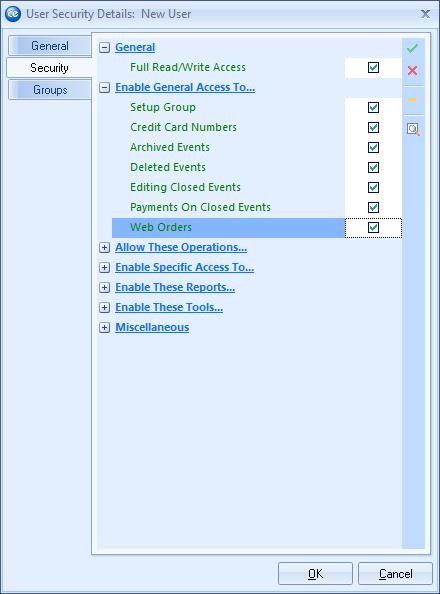 Establishing Individual Access Rights 1. Access the Caterease Security window. 2. Click the Users tab on the left side of the window. Result: A list of currently established users is displayed. 3.