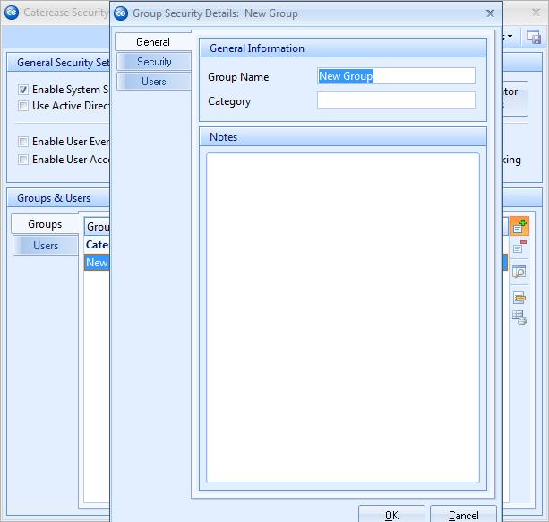 Creating User Groups 1. Access the Caterease Security window. 2. Click the Groups tab on the left-hand side of the window. Result: A list of currently established security groups is displayed.
