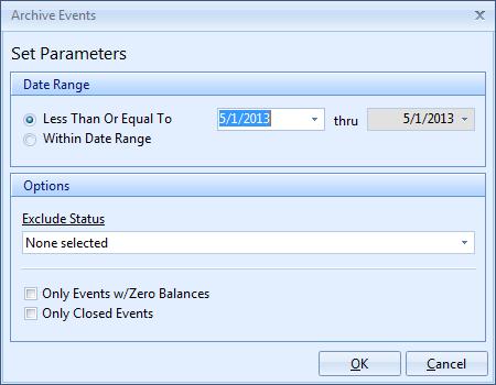 Archiving Your Events This feature allows you to archive old events so they are not part of your everyday database. 1. From the Administration tab, click the Archive button. 2. Select Archive Events.