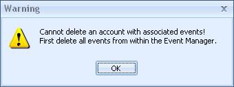 Check the Events tab, Reminders tab, Contact History tab and Guestrooms tab of Account Manager to confirm that there are no events booked for the current account.