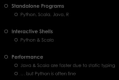 Language Support Standalone Programs Python, Scala, Java, R Interactive Shells Python &