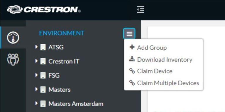2. Open a web browser, and log in to the Crestron XiO Cloud service at https://portal.crestron.io. 3. Click the ENVIRONMENT menu icon ( ) to display the Environment menu. Environment Menu 4.