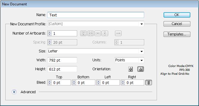 Figure 1 New Document Dialog Box 7. Select the Type tool in the Tools panel. 8. Click in the center of the artboard and type FRESH. 9. With the Selection tool, select the text on the artboard. 10.