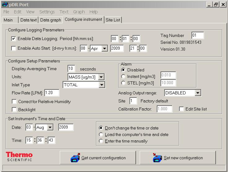 Configure instrument. This screen allows the user to edit the instrument configuration. Click on the item to be edited and select or type in the new value.