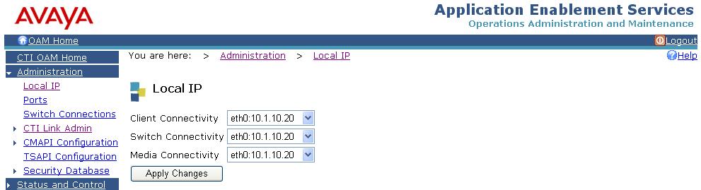 From the CTI OAM Home menu, select Administration > Local IP, as shown in Figure 13.
