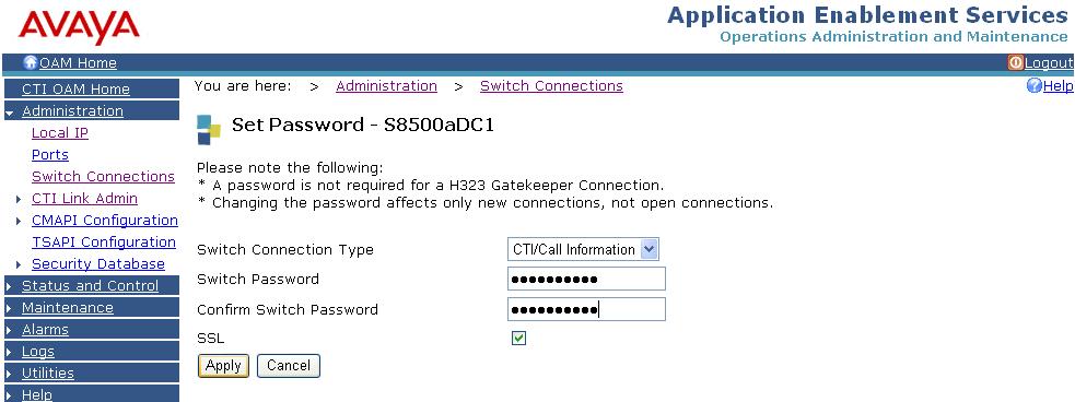 Next, the Set Password screen will be displayed by OAM, as shown in Figure 15. Enter the same password that was administered on Avaya Communication Manager on the IP Services form in Figure 7.