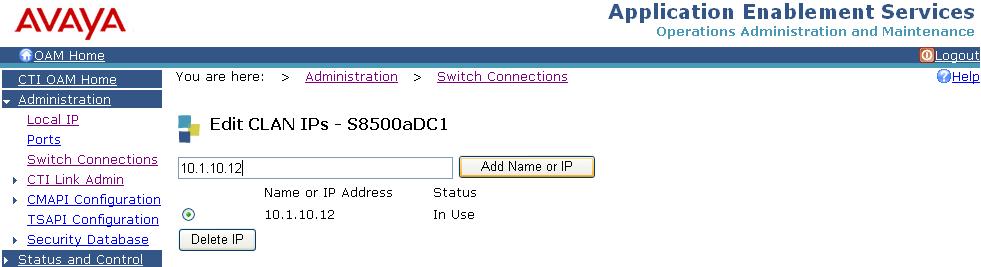 On the Edit CLAN IPs screen, enter the host name or IP address of the C-LAN used for AES connectivity as shown in Figure 17. In this case, 10.