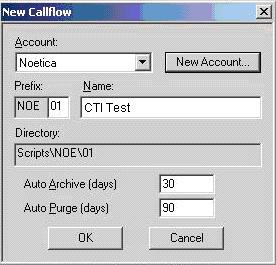 In the New Callflow dialog box, select the account name that was just created in Figure 28 from the Account drop down box, and enter a descriptive name for the call flow in the Name field.