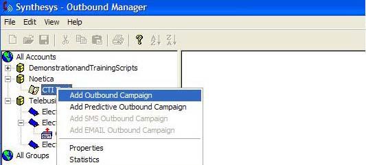 In the left pane of Outbound Manager, expand the account created in Figure 28. Right-click on the call flow created in Figure 29.