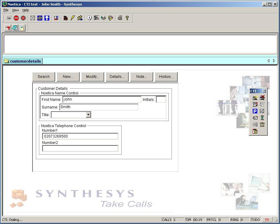 Figure 43 shows the Workstation application receiving an outbound contact (the customer information is popped up and CTI: Dialing is shown on the status bar).
