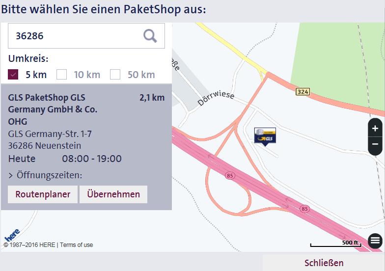 The ParcelShop finder is opened in a pop-up window. The postcode of the recipient is preset as a search criterion.