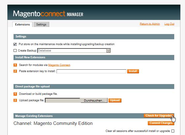Upgrade via Magento Connect Manager NOTE: Please create a database backup in your productive environment. In order to create a new version of the plugin, please open the Magento Connect Manager.