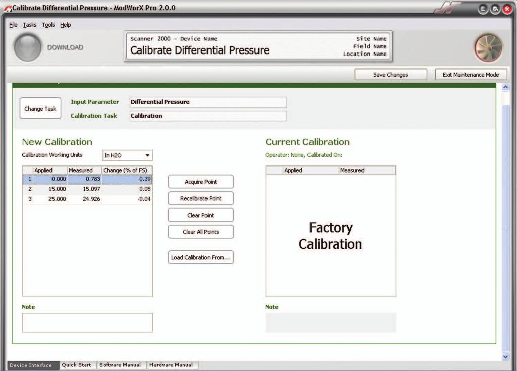 The user can load a factory calibration, load a previous calibration, or enter new calibration