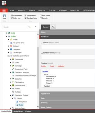 Page 92 of 455 1. In the Content Editor, navigate to the /sitecore/system/marketing Control Panel/Experience Explorer/Presets node and select the preset that you want to configure.