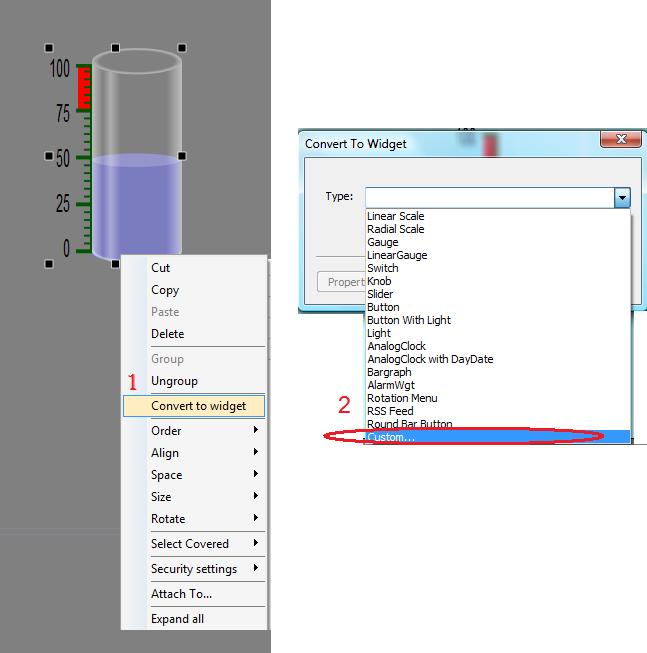 Figure 179 At this point, you can select existing custom Widget types (such as Knobs, Button with indicator light, etc.), or you can select "Custom" to create a new custom Widget type. 17.2 Adding the Properties After creating the custom Widget, the next step is to add the property that will be published in the custom Widget property pane.