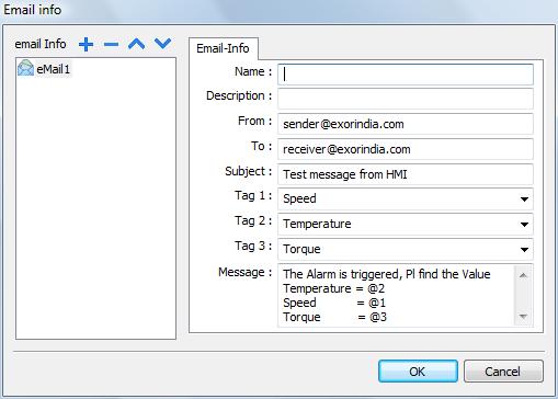 18.4 Sending Live Tag Data through Email You can send live Tag data to the recipients within the email body. In e-mail Info, select the Tags you want to send in the Tag1, Tag2, Tag3.