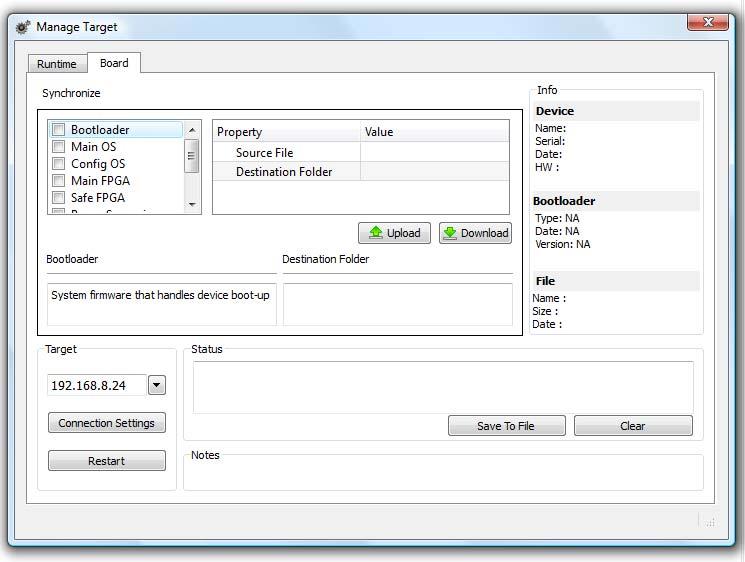 Figure 194 The Manage Target dialog has two tabs. Click on the "Board" tab to access to the board support tools.