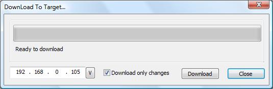 The Download to Target dialog is shown in Figure 29. Click on the Download button to start the process. The system will switch the Target to Configuration mode and transfer the files.