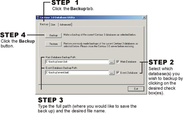 database utility uses the same Logon ID and Password as Centaur. Backing Up Databases Performing a back up will save and compress all information in the selected database(s) into a file with a.