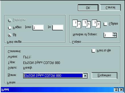 4. To change the printer driver settings, click Print on the File menu. A Print dialog box similar to the one on the right opens. (This example is from Paint). 5.