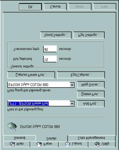3. For Windows 98 uses, click the Details tab and make sure that EPUSBx: (EPSON Stylus COLOR 880) is displayed in the Print to the following port list box.