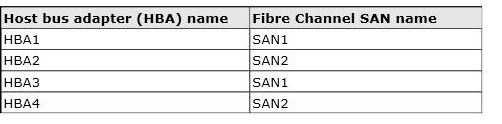 Server1 is connected to two Fibre Channel SANs and is configured as shown in the following table. You have a virtual machine named VM1.